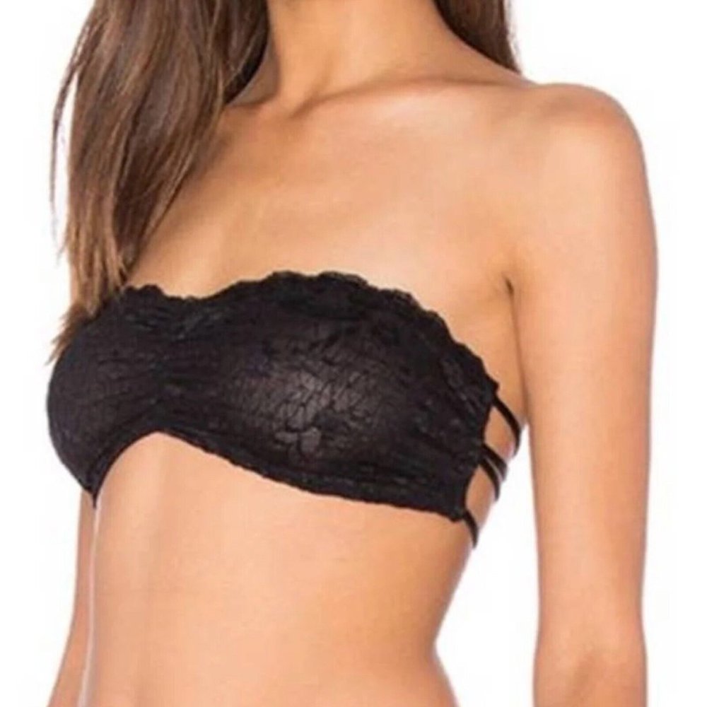 Free People Bandeau Bralette Small Black Lace Strapless Wireless Bra Strappy